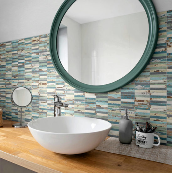 0.7x4 Wood Rectangles Mix Beige Blue Ceramic Mosaic | Gramercy Kitchen and Bath