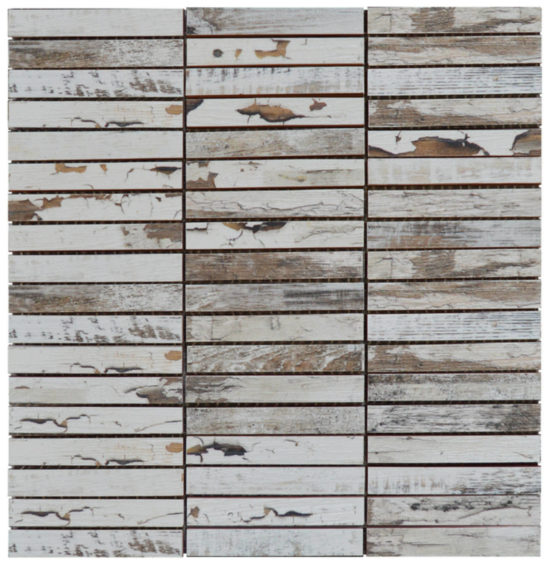 0.7"x4" Wood Rectangles Mix White Grey Ceramic Mosaic | Gramercy Kitchen and Bath