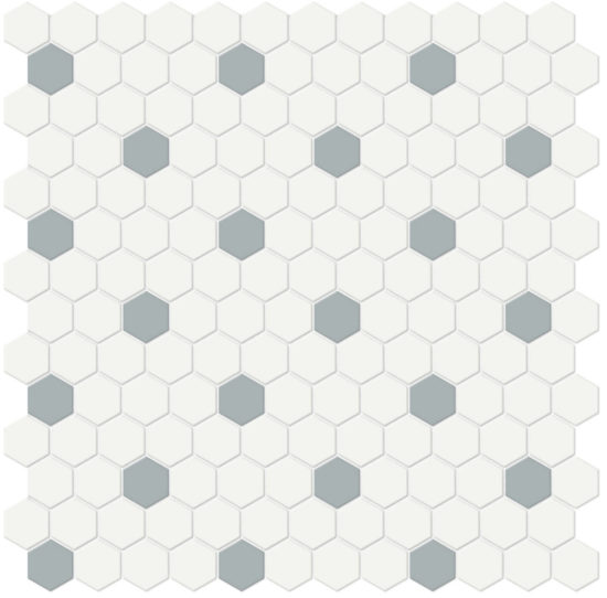 1" White w/ Cloud Blue Matte Hex Mosaic | Gramercy Kitchen and Bath