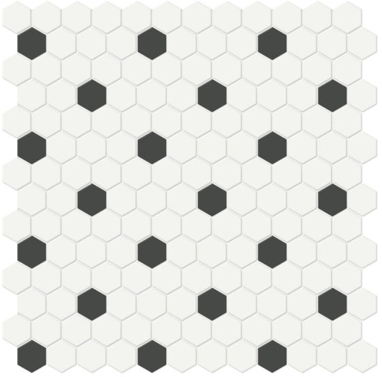 1" White w/ Retro Black Matte Hex Mosaic | Gramercy Kitchen and Bath