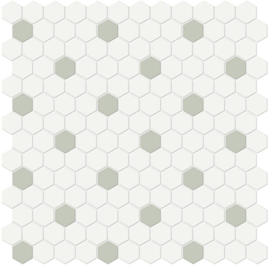 1" White w/ Soft Sage Matte Hex Mosaic | Gramercy Kitchen and Bath