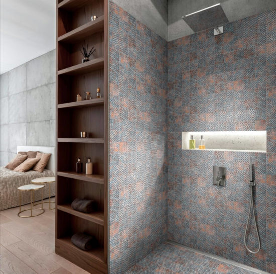 4"X4" Rust Industrial Relief Pattern Glazed Ceramic Mosaic | Gramercy Kitchen and Bath