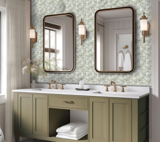 6"x6" Green Palm Leaf Printed Beige Marble | Gramercy Kitchen and Bath