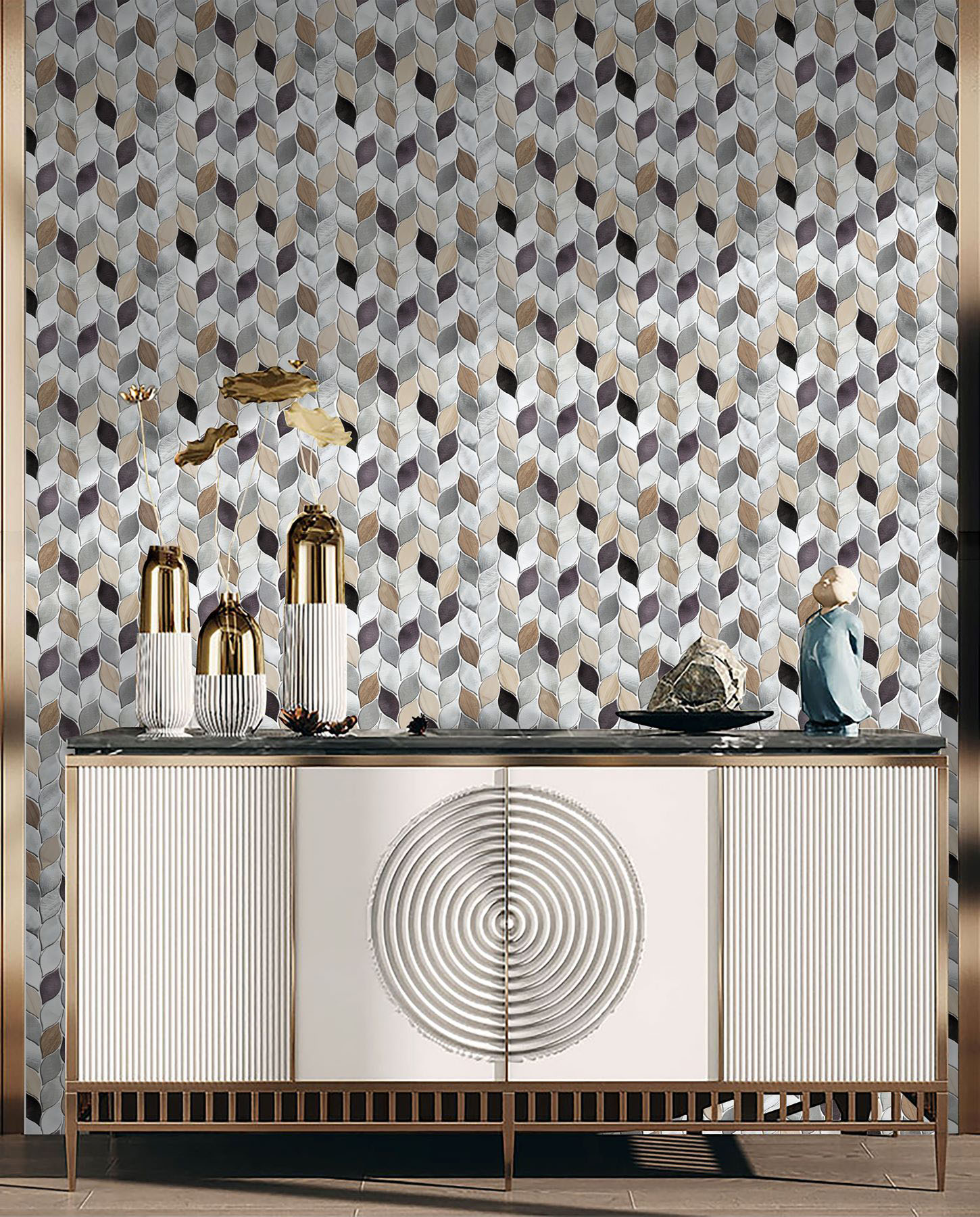 Aluminum & Marble Leaves Silver Grey Brown Mosaic 11 | Gramercy Kitchen and Bath