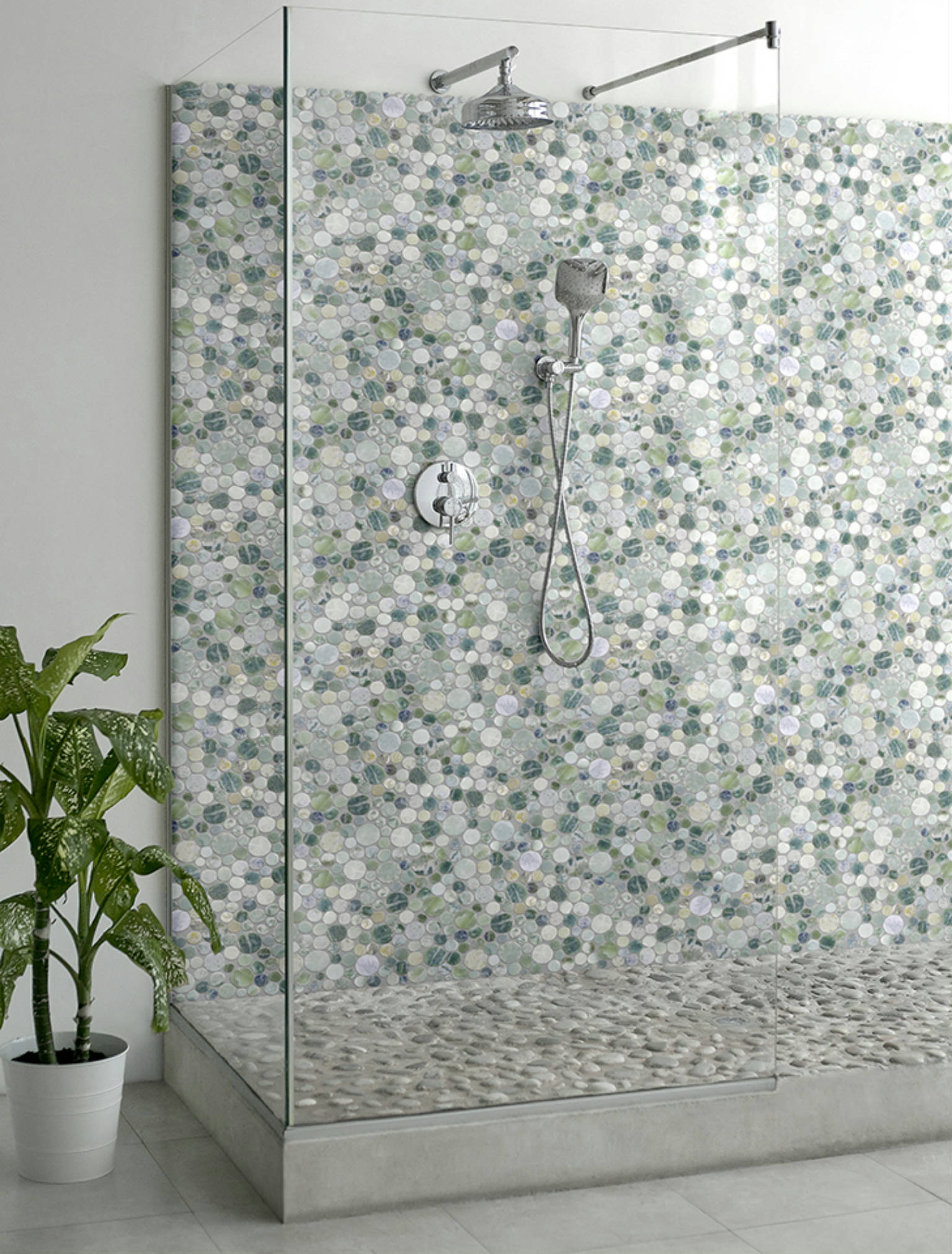 Crystal Green Semi‐Precious Stone Round Interlocking Mosaic | Gramercy Kitchen and Bath