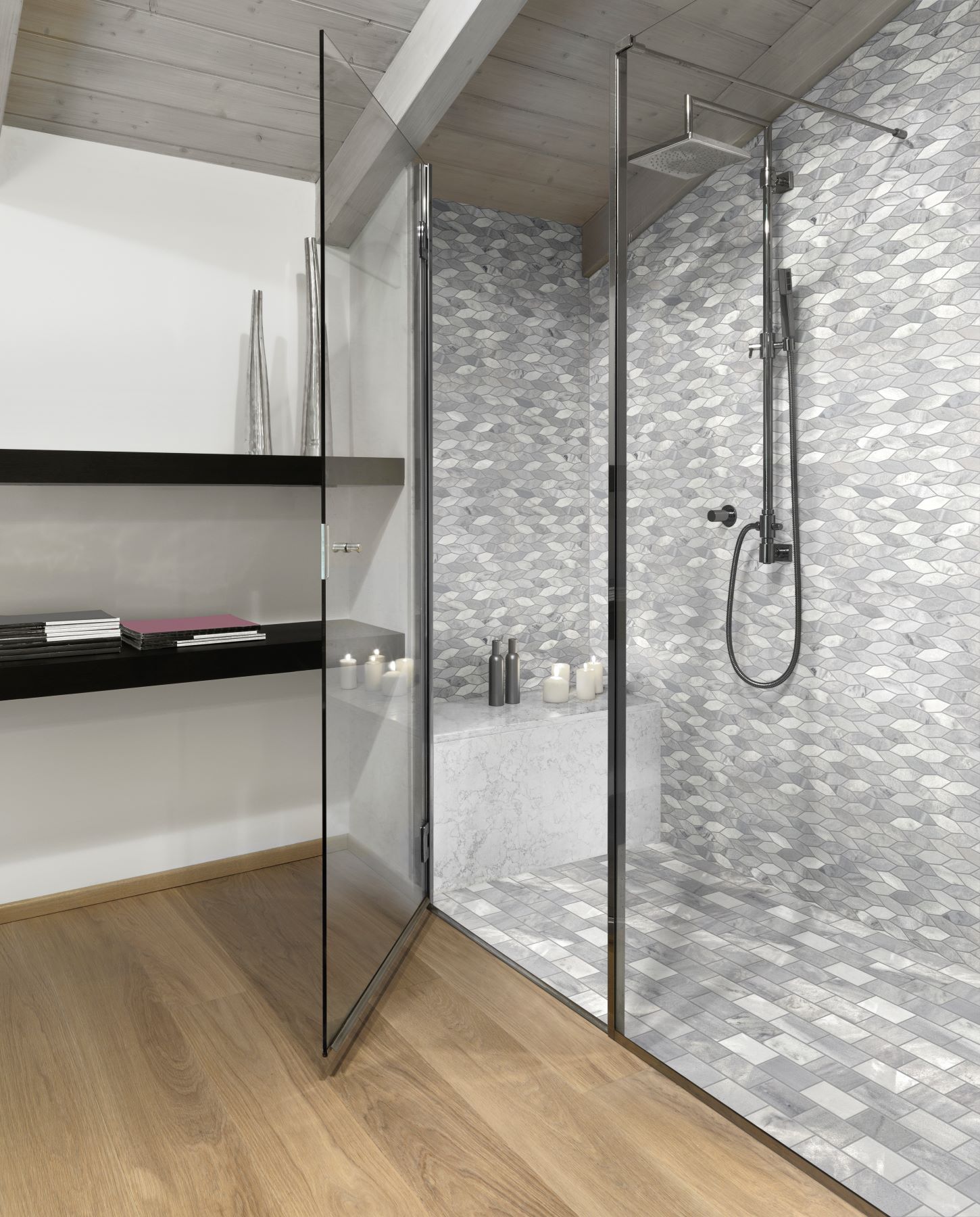 Elongated Hexagon Ice Grey + 2"x4" Brick Ice Grey Mosaic | Gramercy Kitchen and Bath