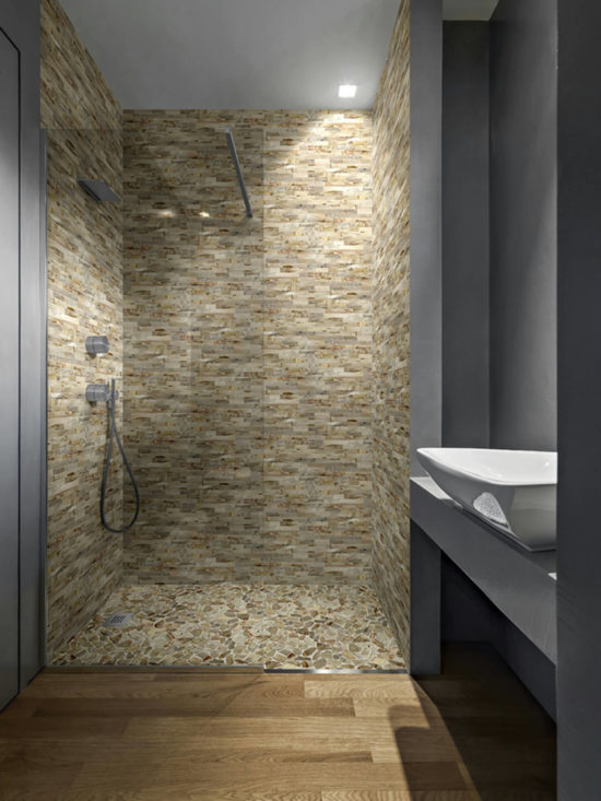 Fossil Wood Mini Opus Mix Beige Interlocking Mosaic | Gramercy Kitchen and Bath