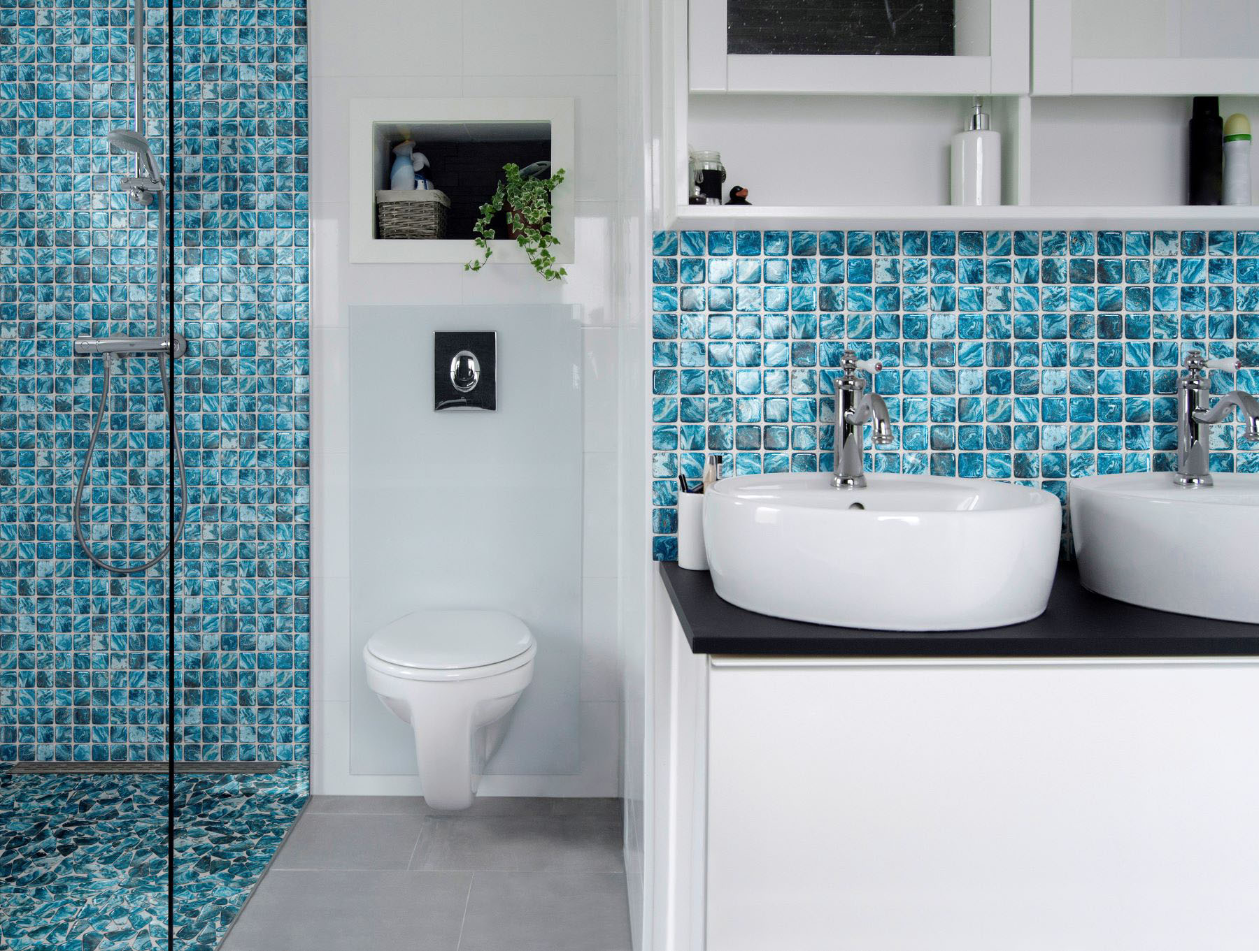 Glass Pebble Blue + Glass Square Blue Marble Pattern Mix | Gramercy Kitchen and Bath