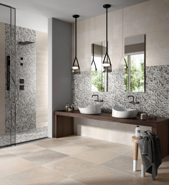 Glass Pebble Grey Beige Mix Marble Pattern Mix Mosaic | Gramercy Kitchen and Bath