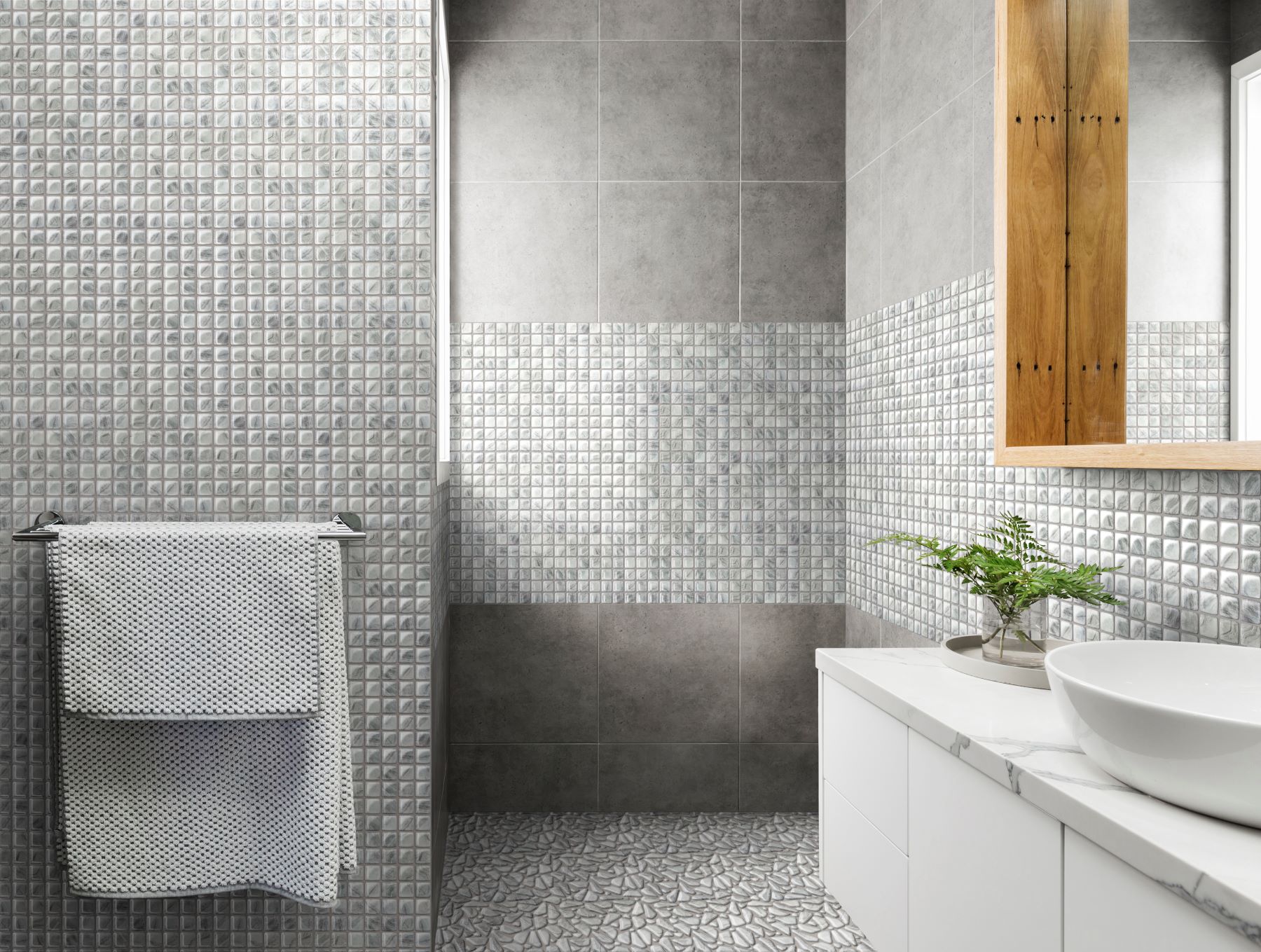 Glass Pebble Light Grey  + Glass Square Light Grey | Gramercy Kitchen and Bath