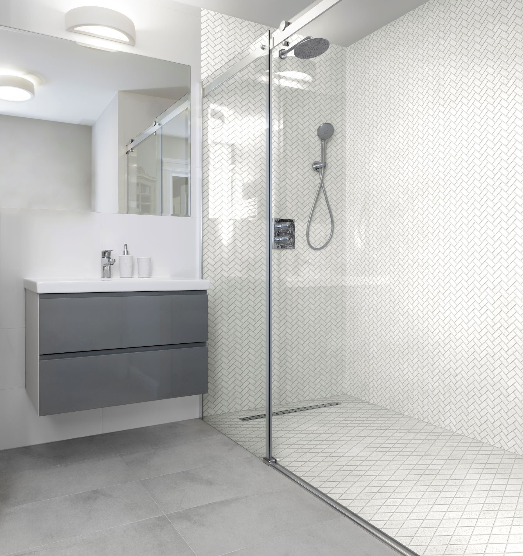 Herringbone Crystal + Crystal White  Marble Diamond | Gramercy Kitchen and Bath