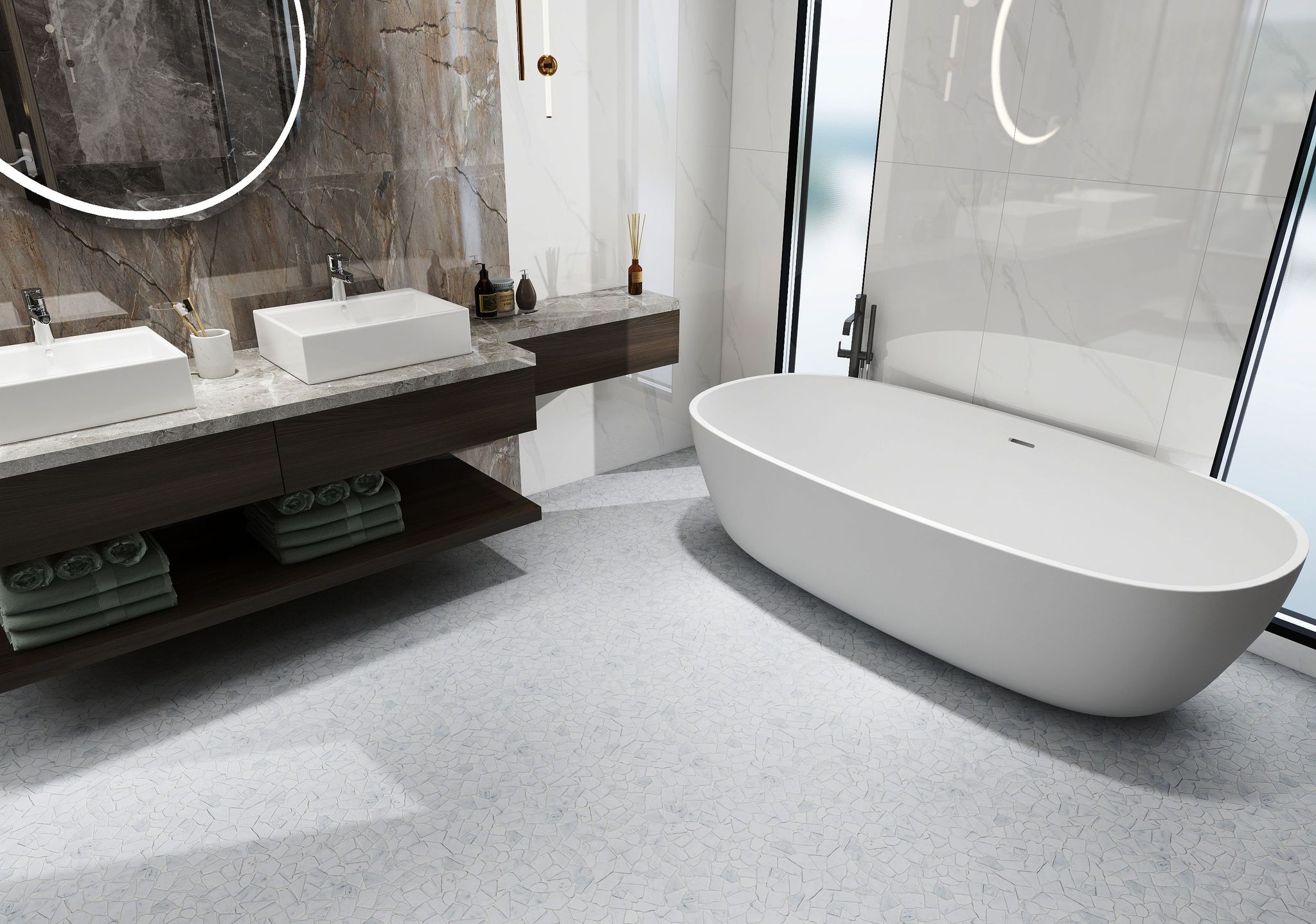 Mini Opus Matte White Grey Marble Stone Interlocking | Gramercy Kitchen and Bath