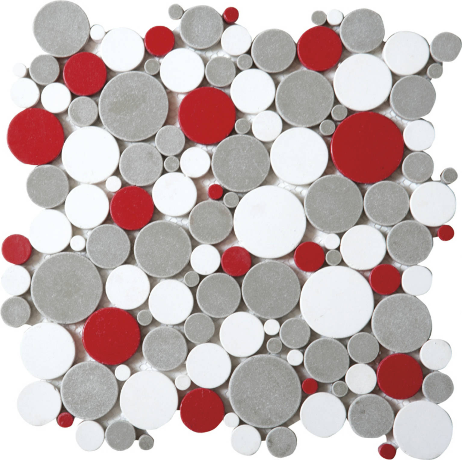 White Grey Red Penny Rounds Interlocking Mosaic | Gramercy Kitchen and Bath