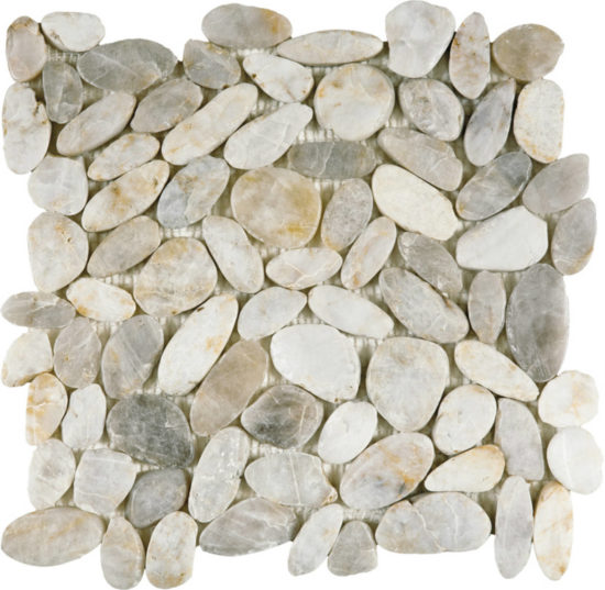 White Sliced Polished Pebble Interlocking Mosaic | Gramercy Kitchen and Bath
